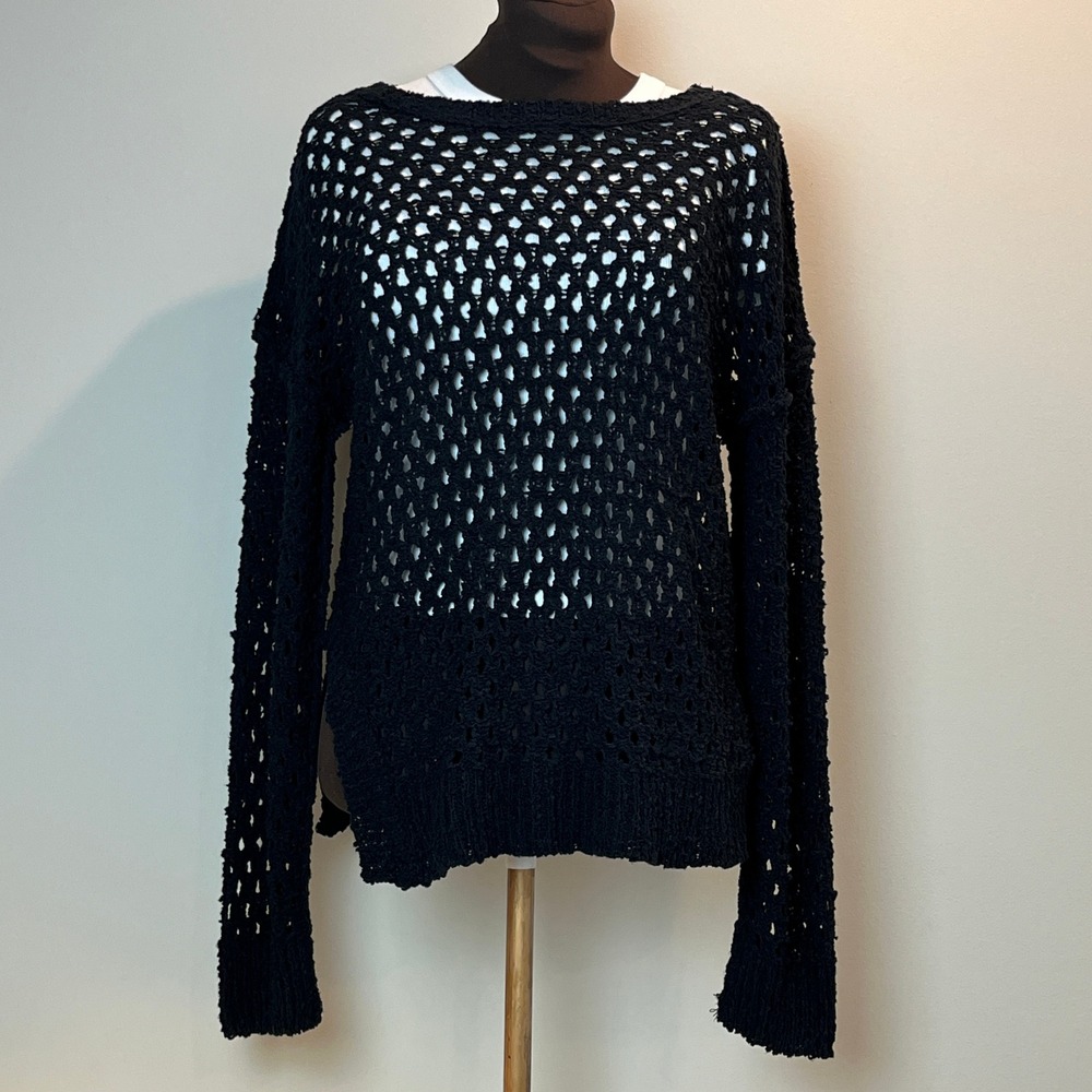 New In Womens M Black Open Knit Crochet Sweater Long Sleeve Y2K Boho Grunge